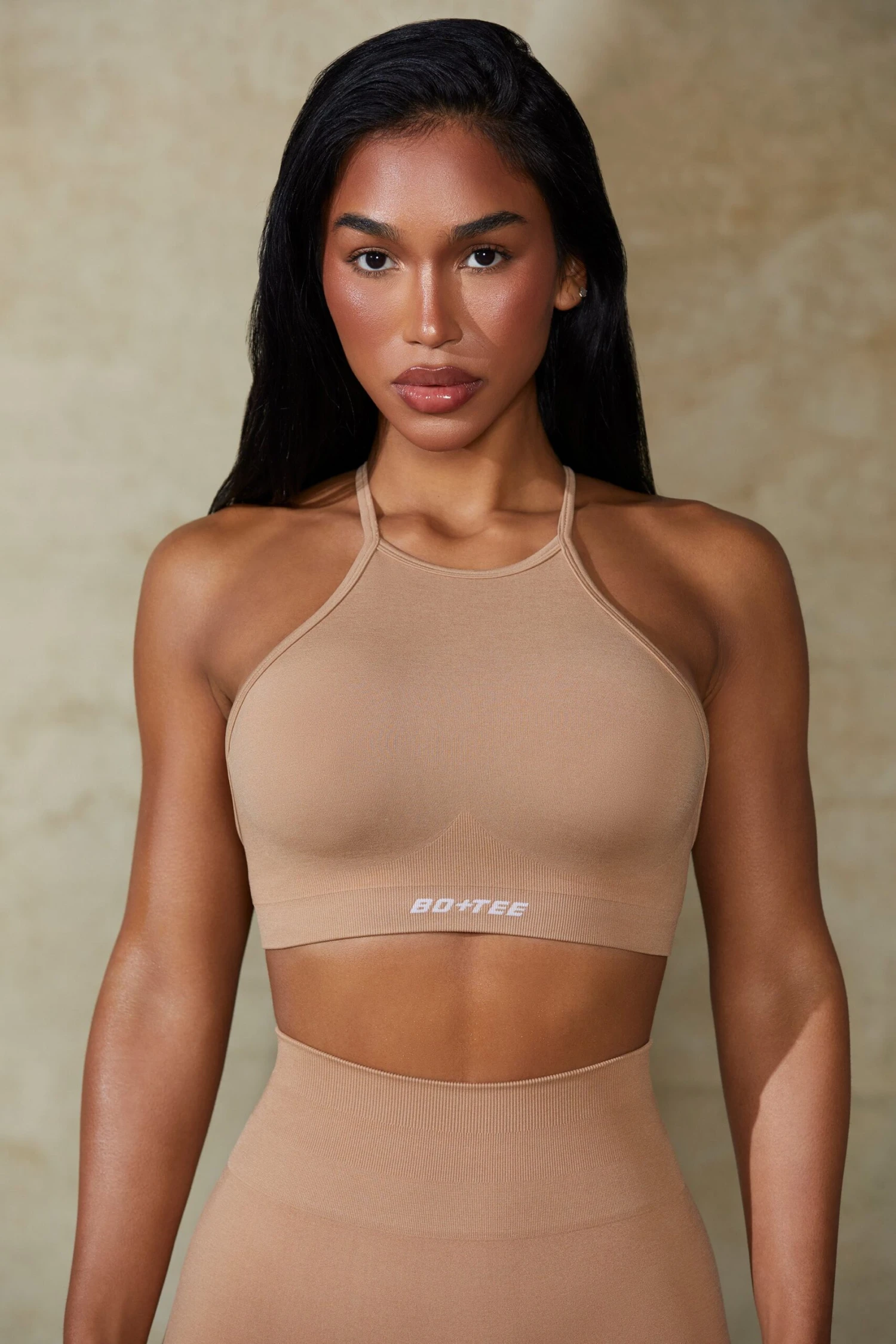 High Neck Open Back Define Luxe Sports Bra In Warm Taupe - Image 5