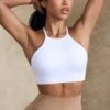 High Neck Open Back Define Luxe Sports Bra In White