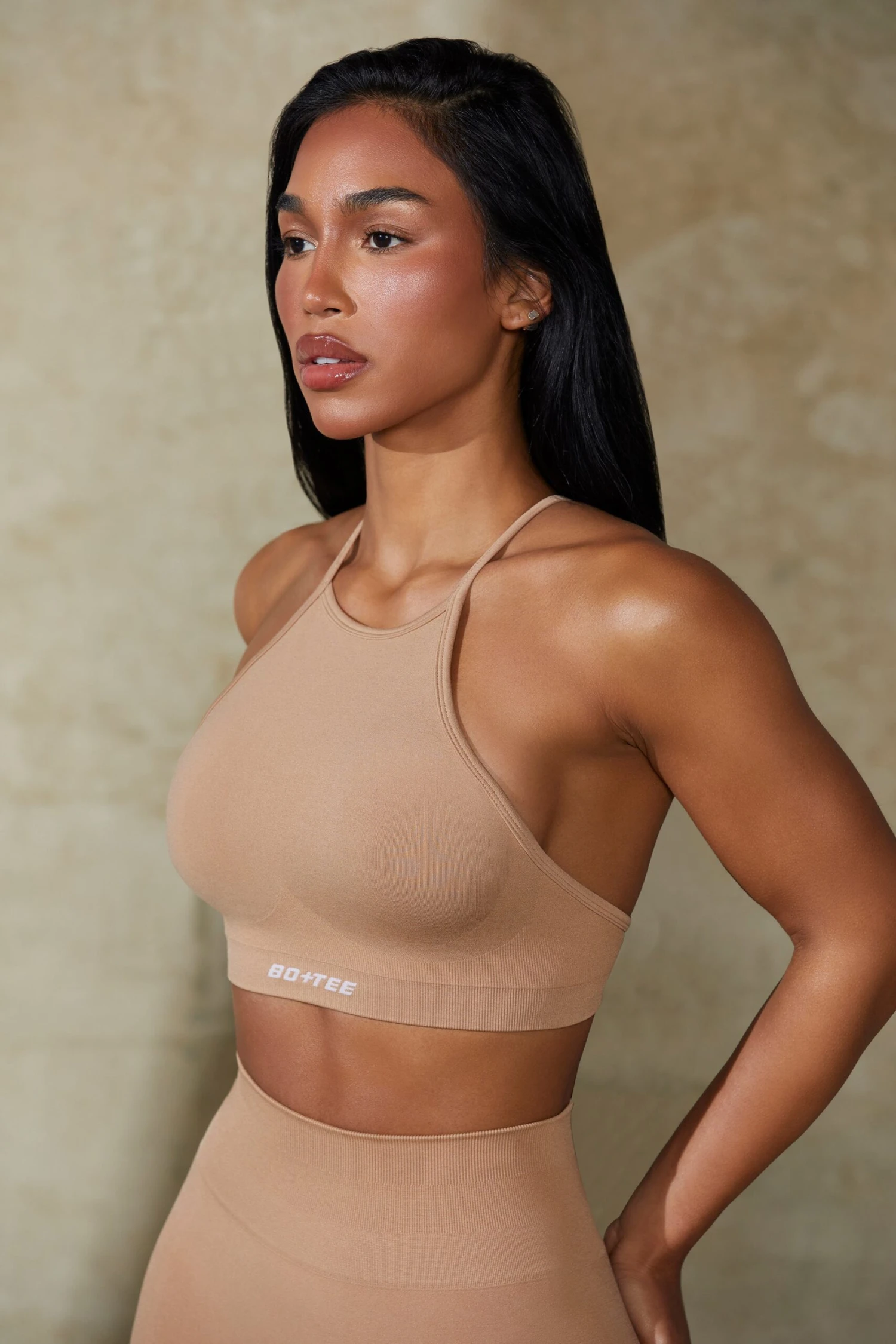 High Neck Open Back Define Luxe Sports Bra In Warm Taupe - Image 3