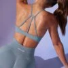 High Neck Open Back Define Luxe Sports Bra In Denim Blue