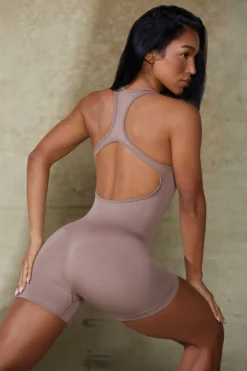 Racer Back Define Luxe Unitard In Mocha