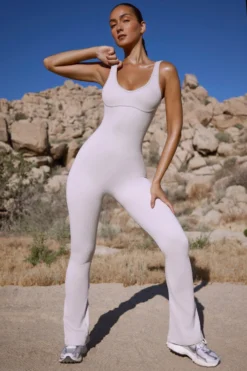 Flared Full Length Unitard In Soft Grey