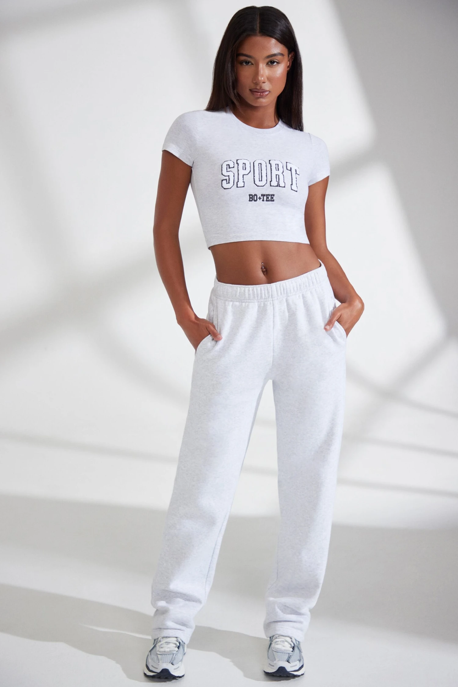 Wide Leg Embroidered Back Joggers In Heather Grey - Image 5