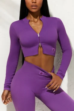 Long Sleeve Zip Crop Top In Purple