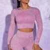 Long Sleeve High Neck Zip Crop Top In Pink