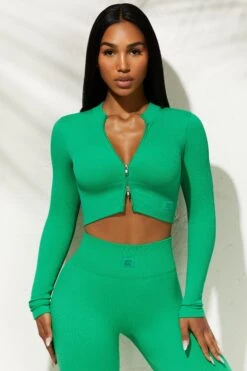 Long Sleeve Zip Crop Top In Green