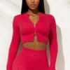Long Sleeve Zip Crop Top In Hot Pink
