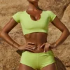 Cap Sleeves Swim Top In Lime