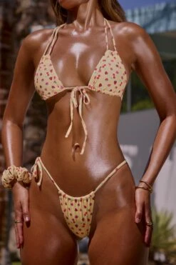 Double Strap Triangle Bikini Top In Yellow Fruit Print