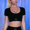 V Neck Short Sleeve Crop Top In Black