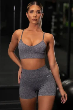 Empower Seamless V Neck Sports Bra In Black Marl