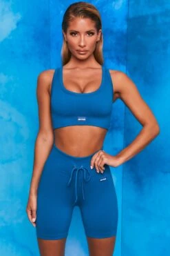 On Repeat Ribbed Tie Front Cycling Shorts In Blue