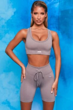 On Repeat Ribbed Tie Front Cycling Shorts In Dark Grey