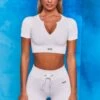 Perform Ribbed Short Sleeve Zip Front Crop Top In White