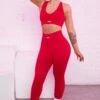 Ribbed Plunge Neck Sports Bra In Red
