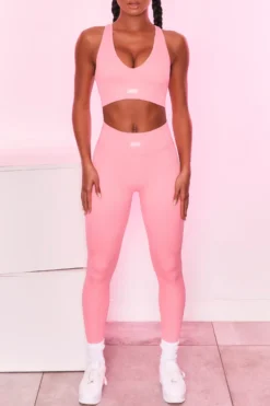 Ribbed Plunge Neck Sports Bra In Coral