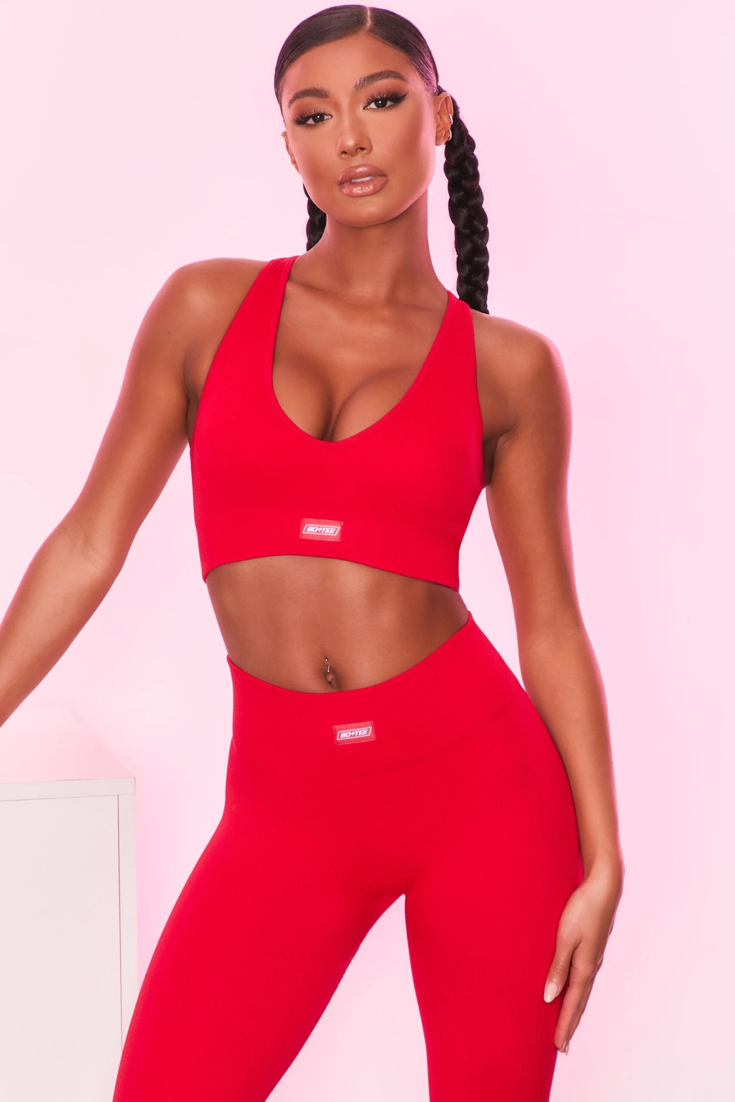 Ribbed Plunge Neck Sports Bra In Red - Image 4