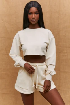 Momentum Raw Hem Cropped Sweatshirt In Sand