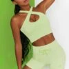 Ribbed Tie Front Mini Shorts In Lime