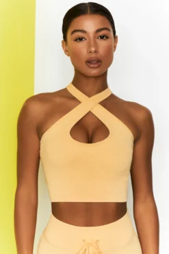 Ribbed Halter Crop Top In Yellow