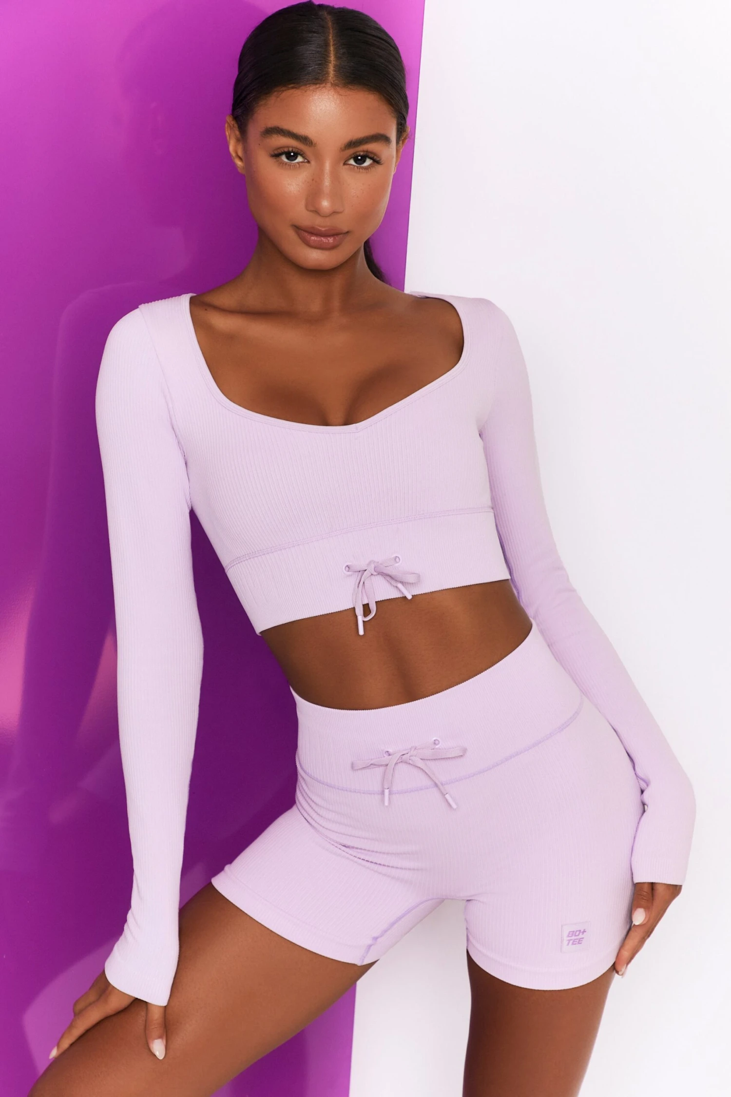 Time Check Ribbed Long Sleeve Crop Top In Lilac - Image 6