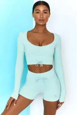 Time Check Ribbed Long Sleeve Crop Top In Light Blue