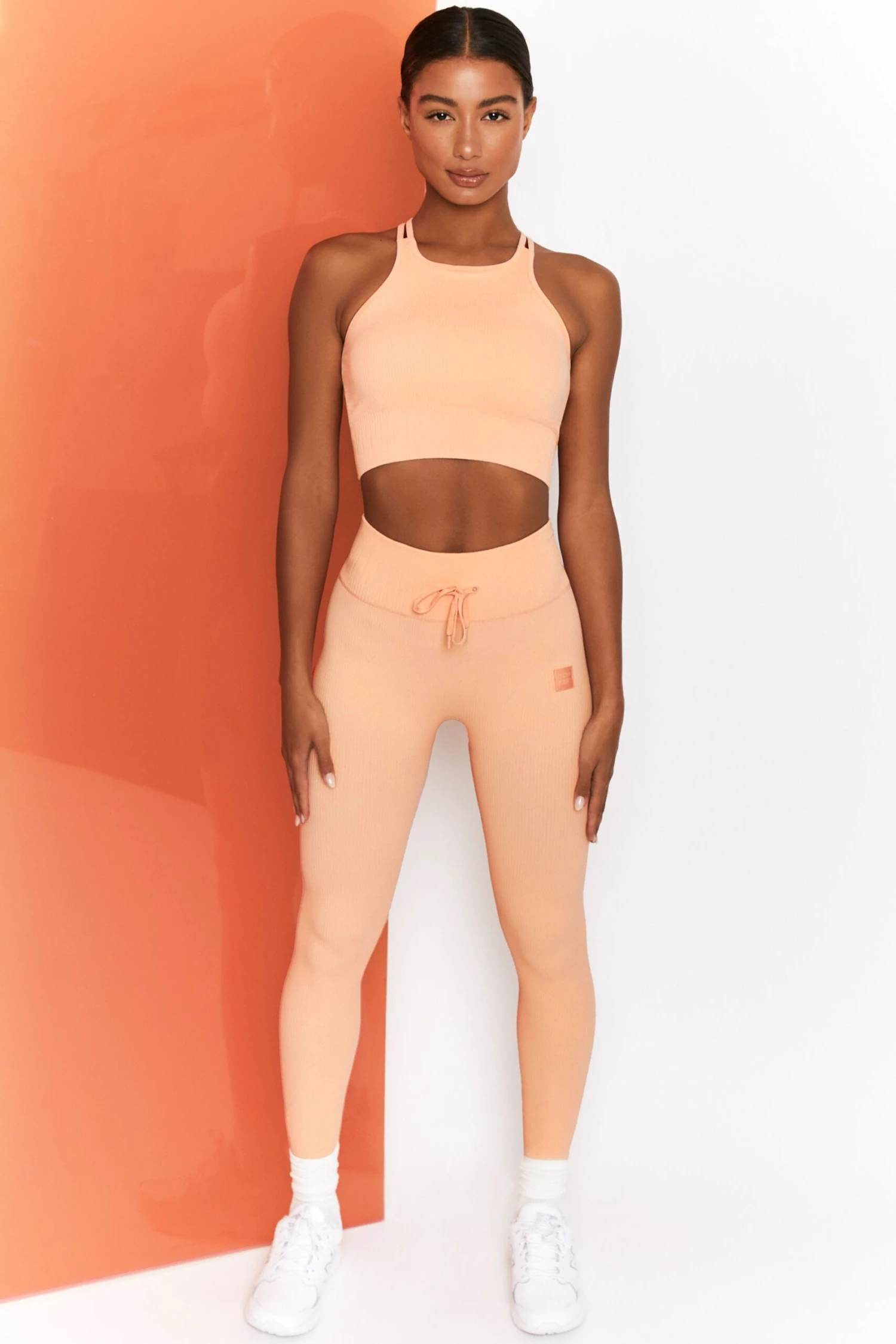 Feel Your Power Ribbed Racer Crop Top In Peach - Image 6