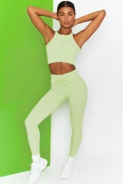 Energise Ribbed Tie Front Full Length Leggings In Lime