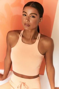 Feel Your Power Ribbed Racer Crop Top In Peach
