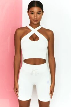 Ribbed Tie Front Cycling Shorts In White