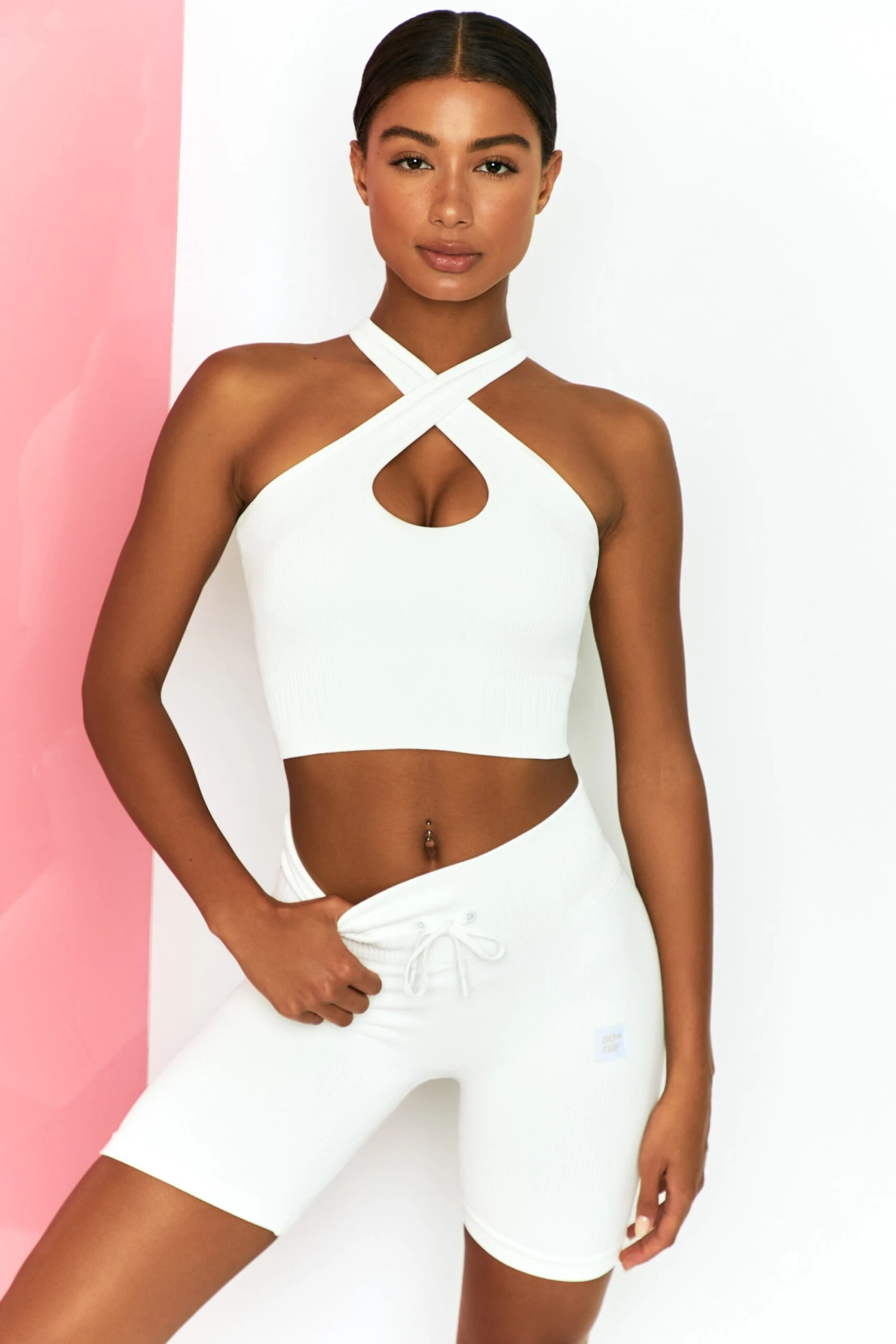 Ribbed Tie Front Cycling Shorts In White - Image 7