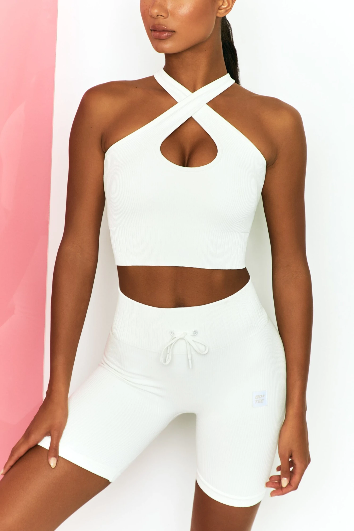 Ribbed Tie Front Cycling Shorts In White - Image 5