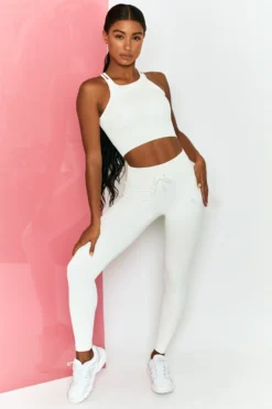 Energise Ribbed Tie Front Full Length Leggings In White