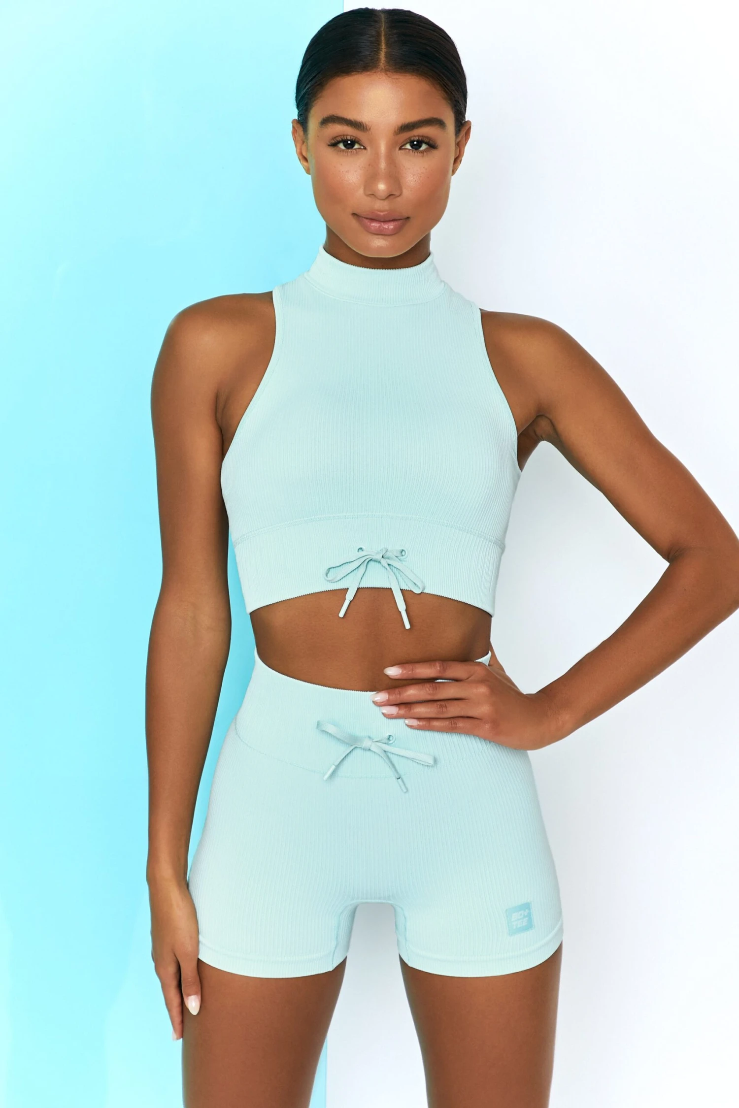 Ribbed Tie Front Mini Shorts In Light Blue - Image 5