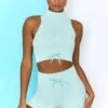 Ribbed Tie Front Mini Shorts In Light Blue