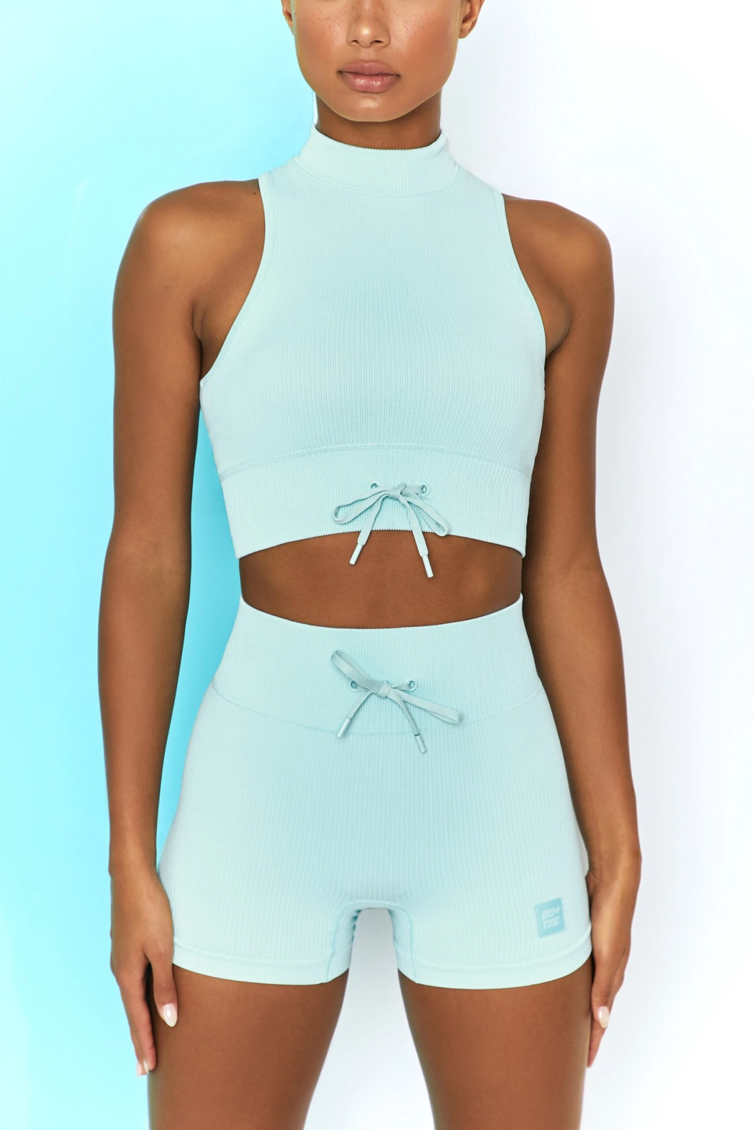 Ribbed Tie Front Mini Shorts In Light Blue - Image 4