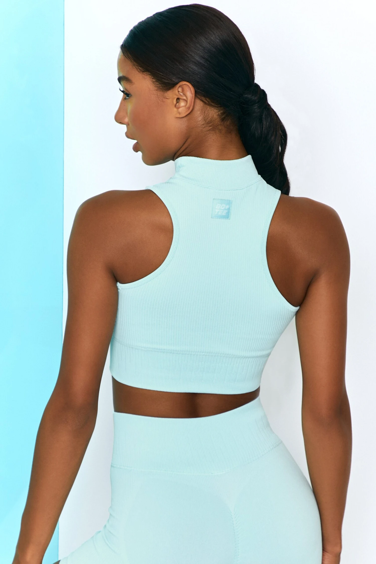 Miles Ahead Ribbed High Neck Crop Top In Light Blue - Image 6