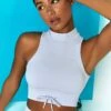 Miles Ahead Ribbed High Neck Crop Top In Cool Blue
