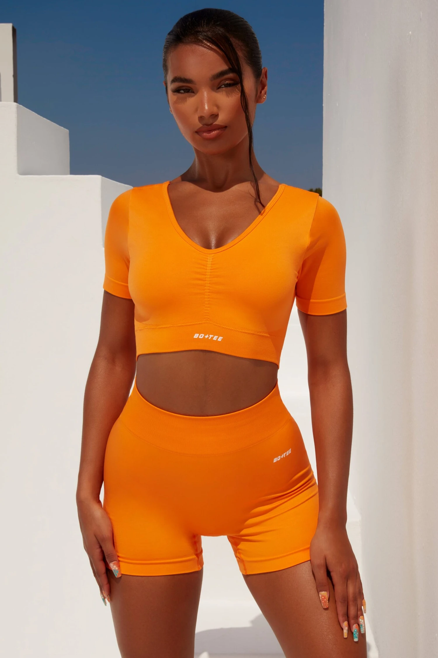 Gradient Scoop Neck Ruched Crop Top In Orange