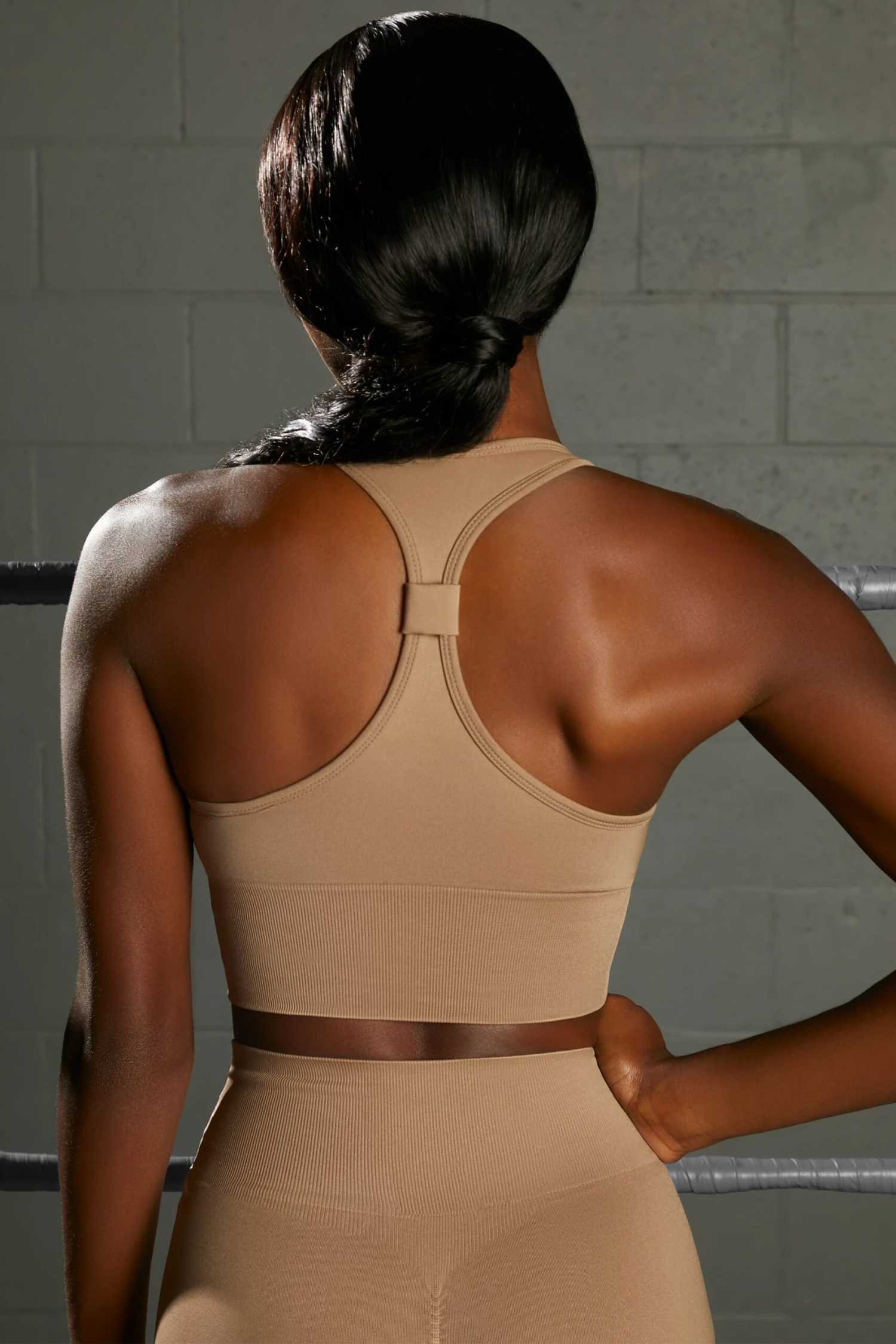 Overhaul Racer Knot Back Seamless Crop Top In Brown - Image 4