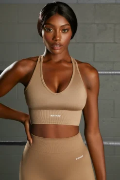 Overhaul Racer Knot Back Seamless Crop Top In Brown